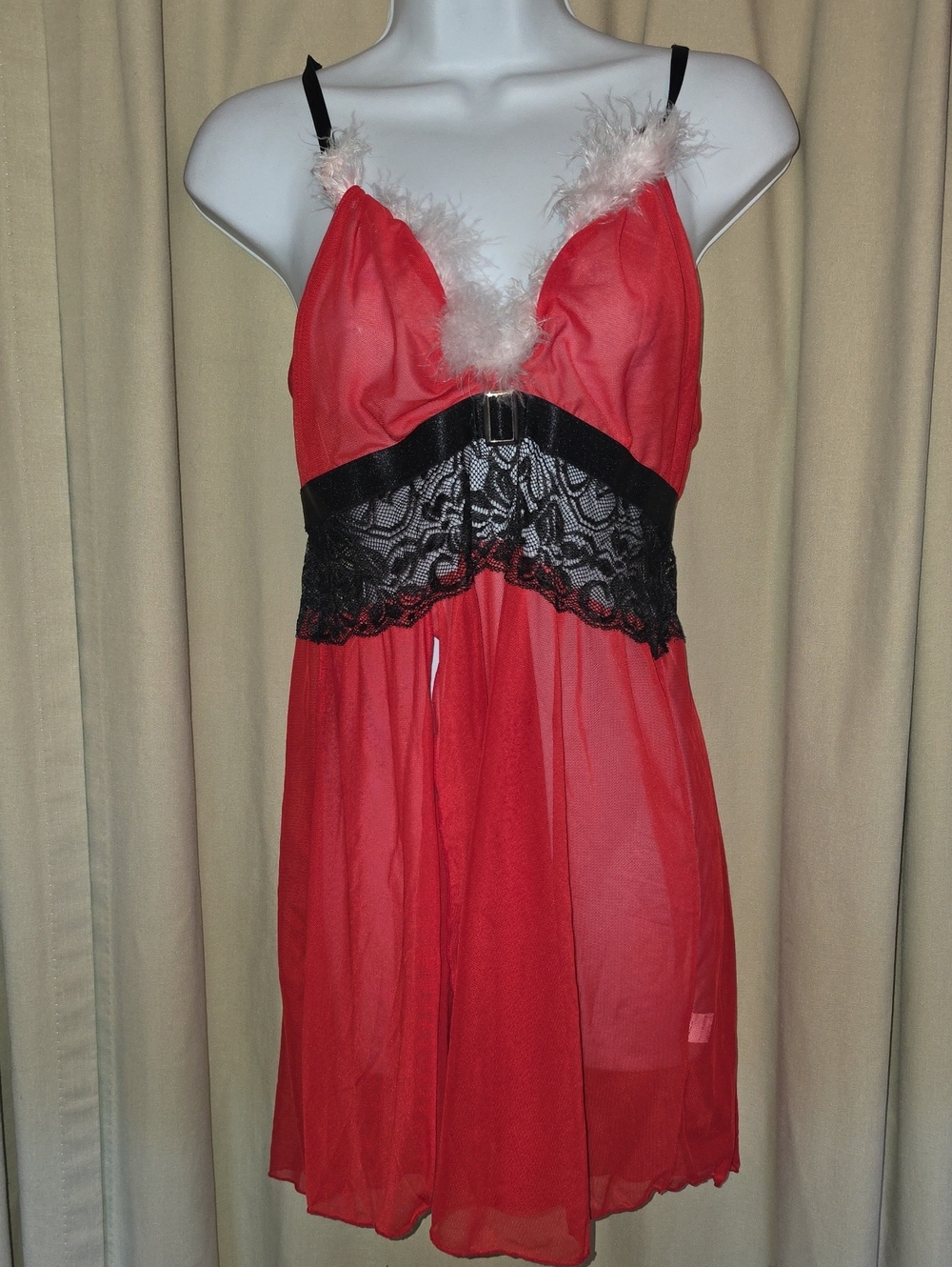 Sheer Red Christmas Holiday Chemise with Black Lace & Feather Trim